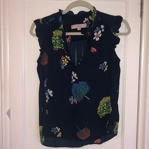 Loft flutter-sleeve navy floral blouse